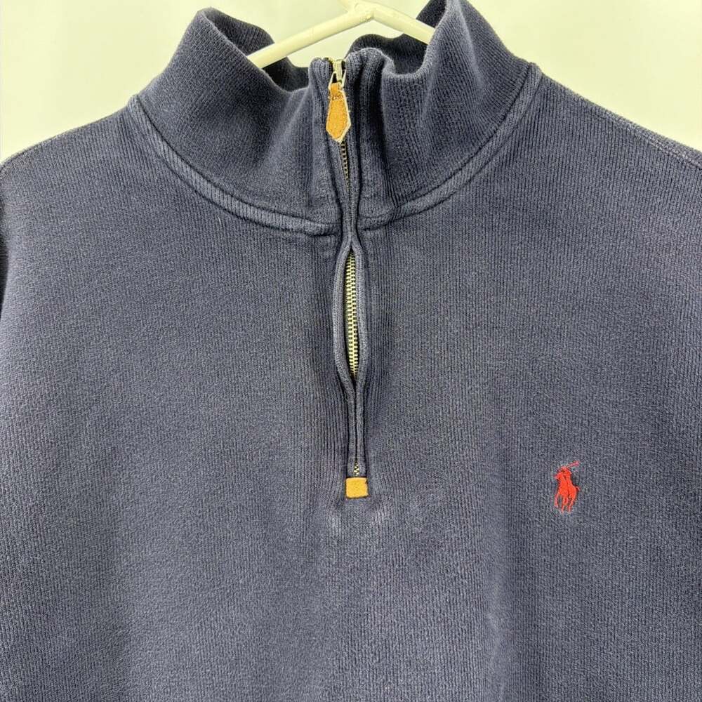 Polo Ralph Lauren Sweater Mens L Blue Quarter Zip Mock Neck Pullover Red Pony